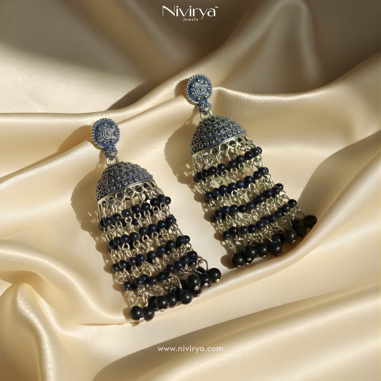 Blue Beaded Silver Oxidised Long Jhumka Earrings for Women