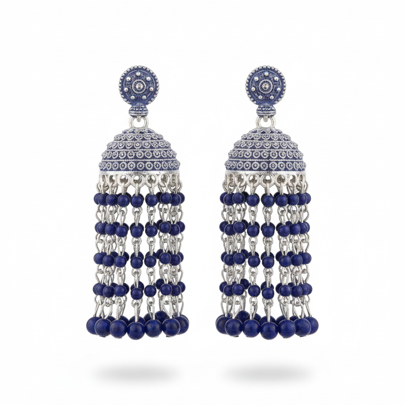 Blue Beaded Silver Oxidised Long Jhumka Earrings for Women