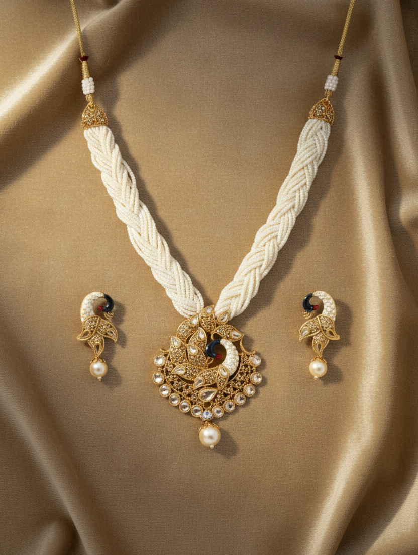 Elegant Pearl Beaded Necklace Set with Peacock Motif Pendant & Earrings