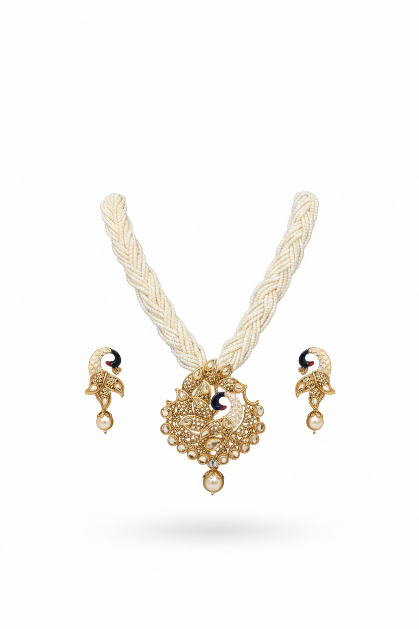 Elegant Pearl Beaded Necklace Set with Peacock Motif Pendant & Earrings