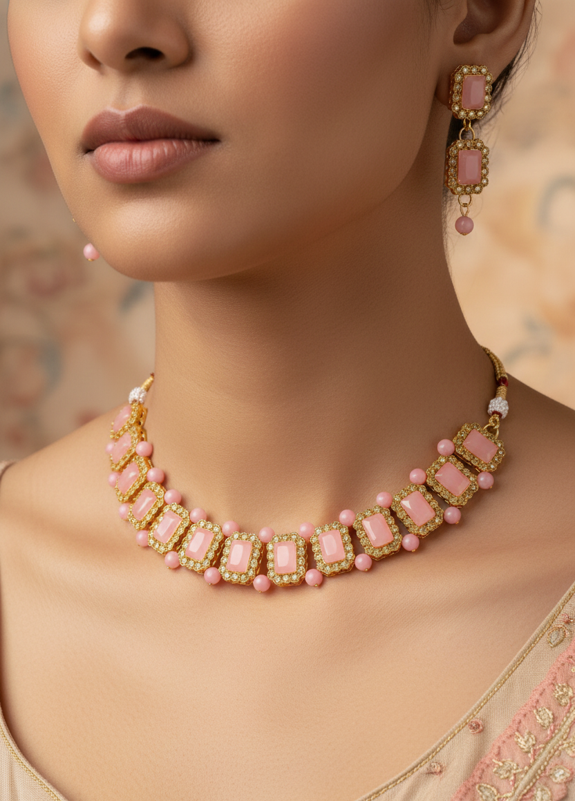 Pink Stone Gold-Plated Necklace Set with Matching Earrings | Jewellery Set