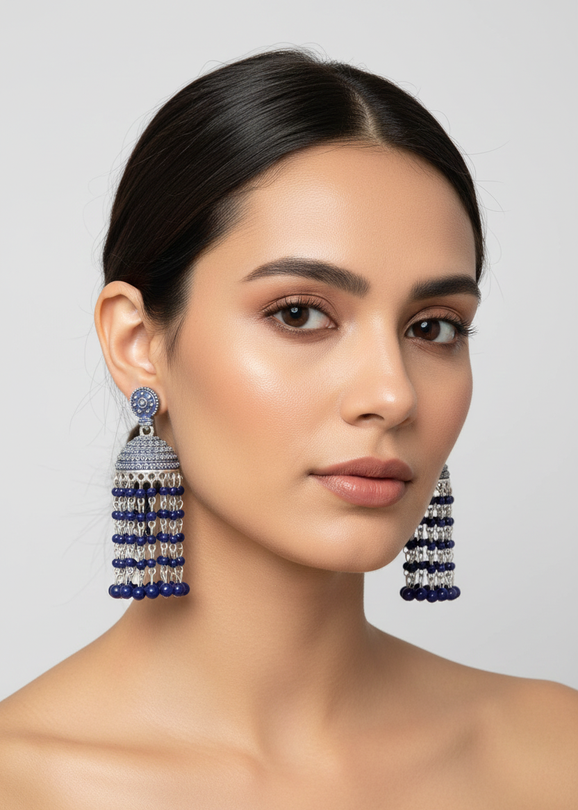Blue Beaded Silver Oxidised Long Jhumka Earrings for Women