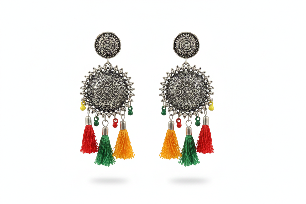 Oxidised Silver Tribal Disc Earrings with Multicolour Tassels