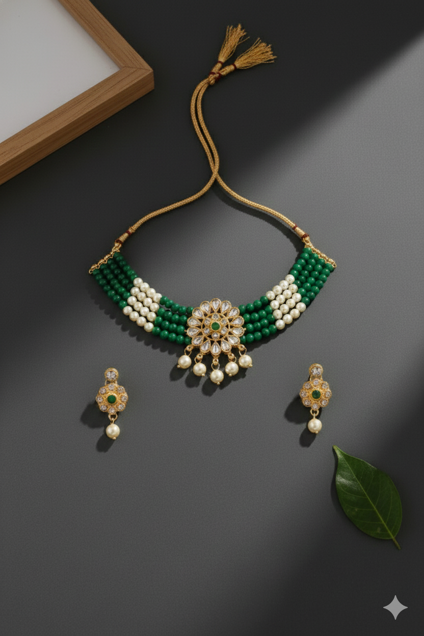 Emerald Green Beaded Kundan Necklace Set with Pearl Drop Pendant