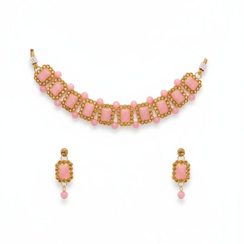 Pink Stone Gold-Plated Necklace Set with Matching Earrings | Jewellery Set