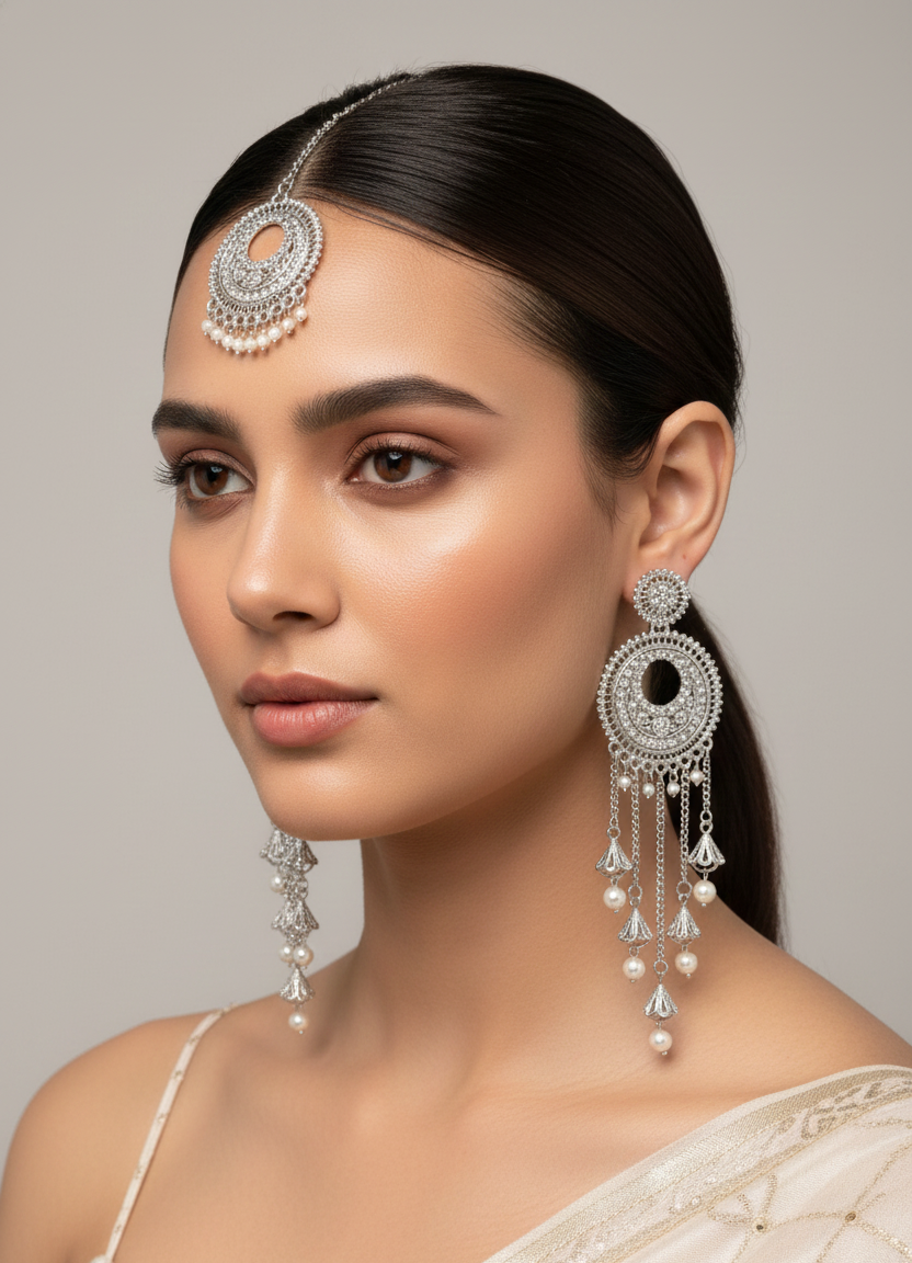 Silver Oxidised Chandbali Earrings with Maang Tikka Set