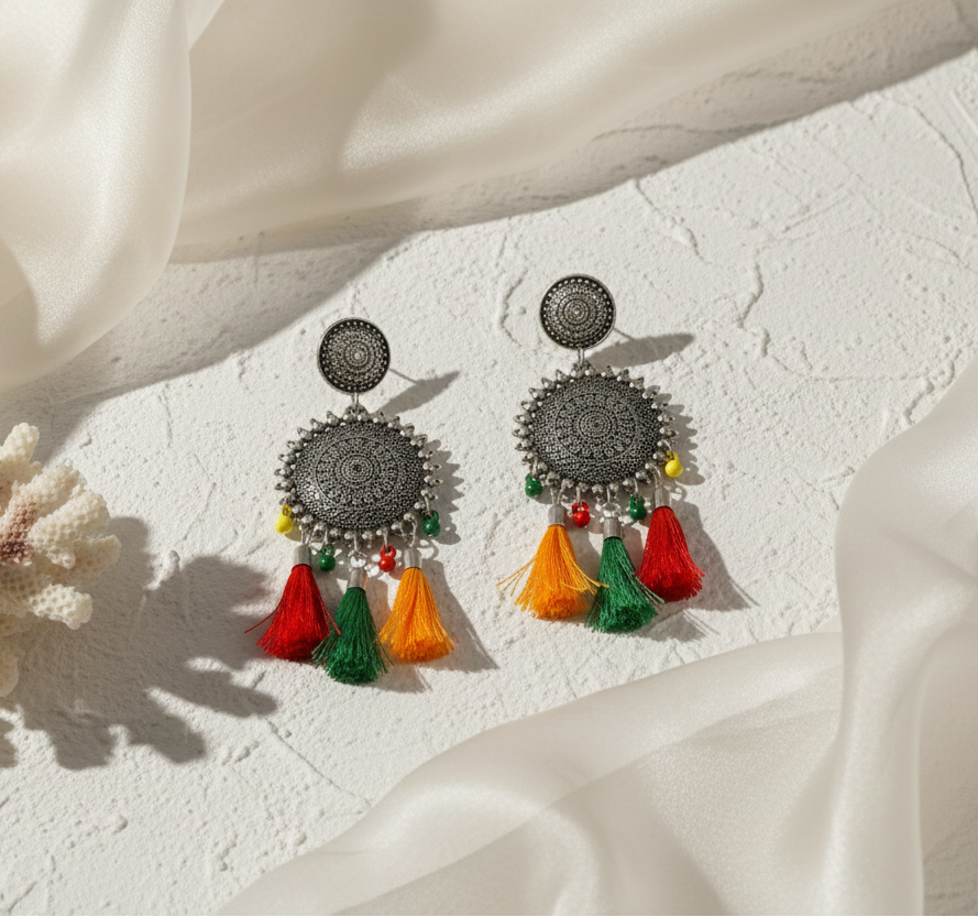 Oxidised Silver Tribal Disc Earrings with Multicolour Tassels